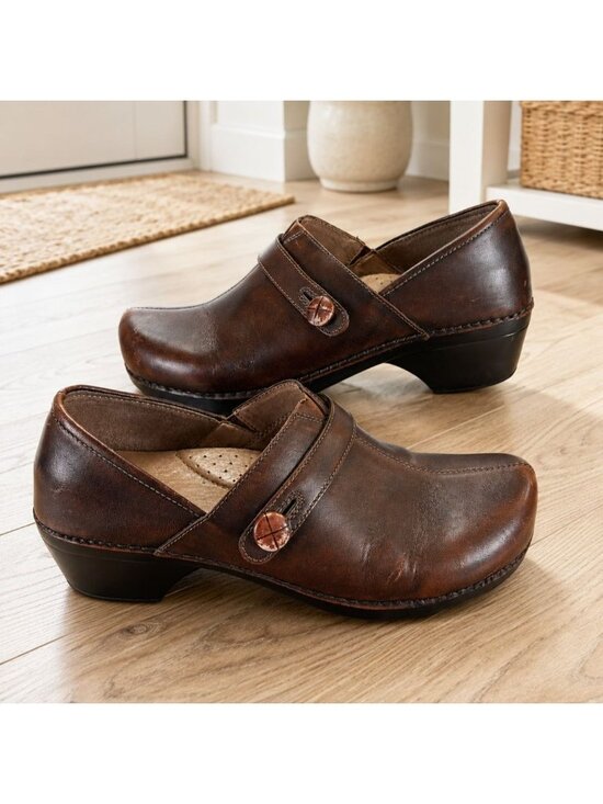Dansko Shoes - Dansko Womens Size 10 Solstice Button Strap Clog Burnished Brown Leather EU 42